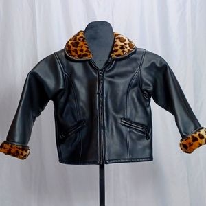 Big Chill Girls 4T Black Polyurethane Jacket Leapard Fur  $12